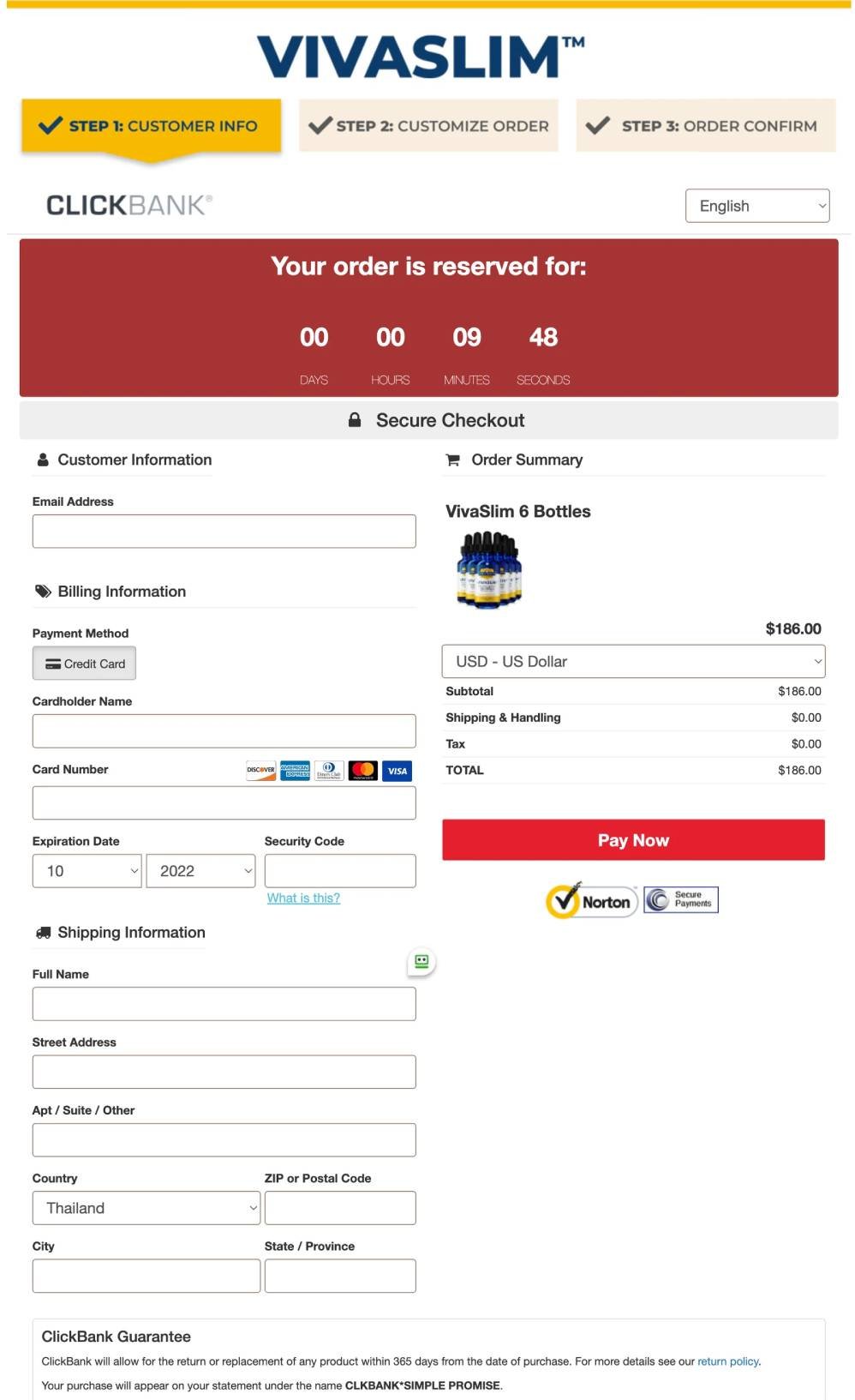 Secure checkout page for VivaSlim with protected payment processing